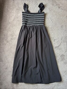 DKNY Black White Smocked Bodice Ruffle Wide Strap Midi Sundress SIZE 6